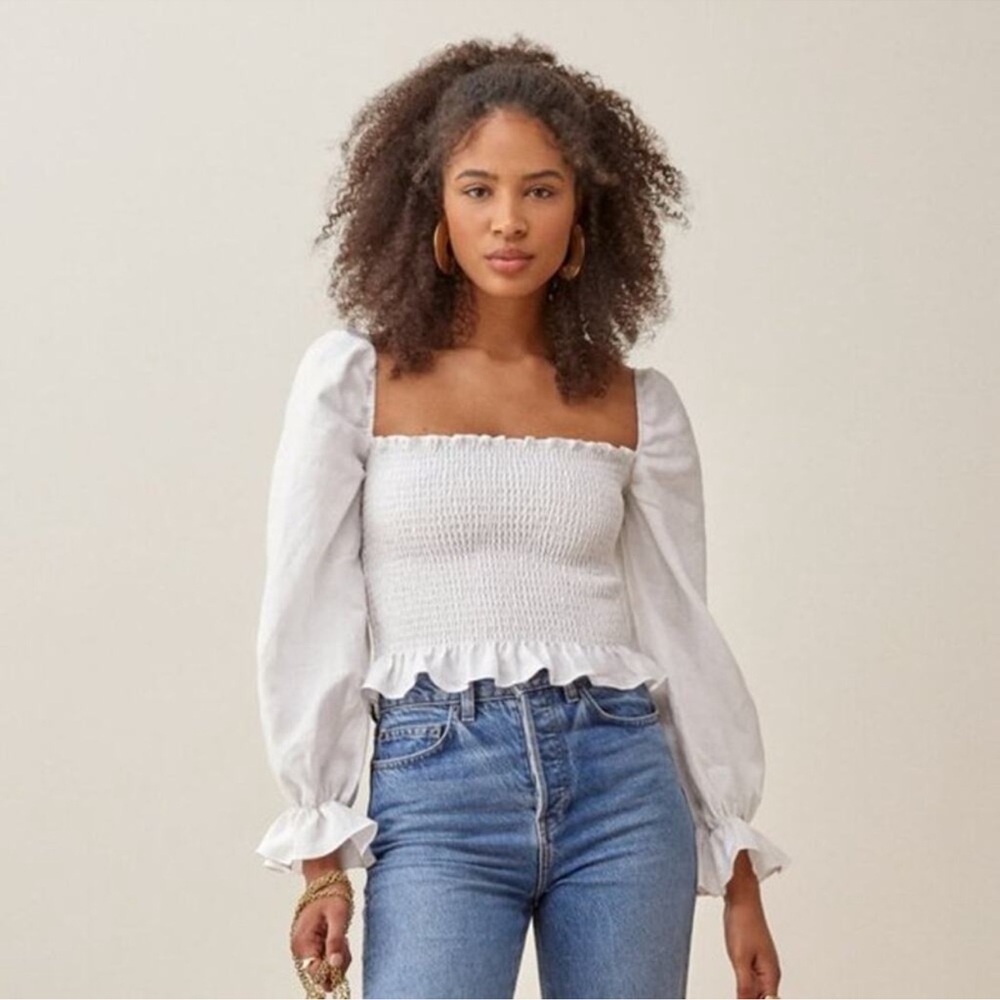 Reformation Tangerine Linen White Smocked Top